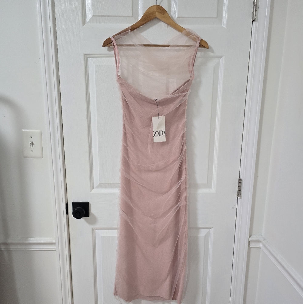 Zara Pink Mesh Bodycon Midi Dress New Size L - Picture 8 of 8